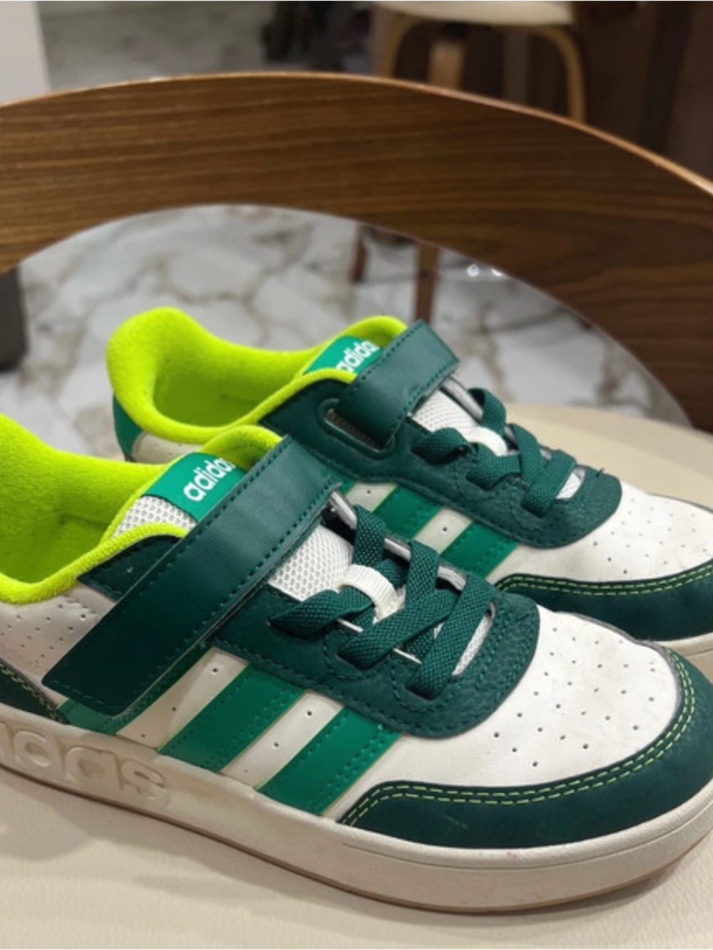 adidas Kids White and Green Low-Top Sneakers with Neon Lining